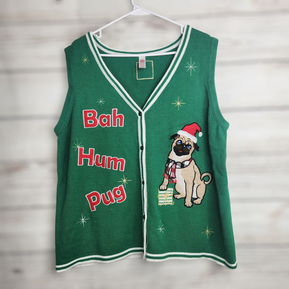 Bah Hum Pug Green Christmas Sweater Vest Size XXL (20) Holiday - Picture 1 of 7